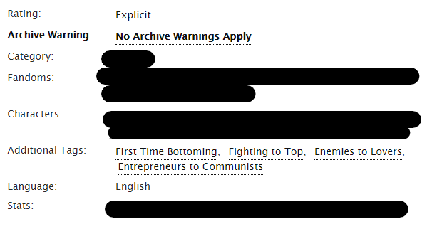 Screenshot showing story tags "First Time Bottoming, Fighting to Top, Enemies to Lovers, Entrepreneurs to Communists"