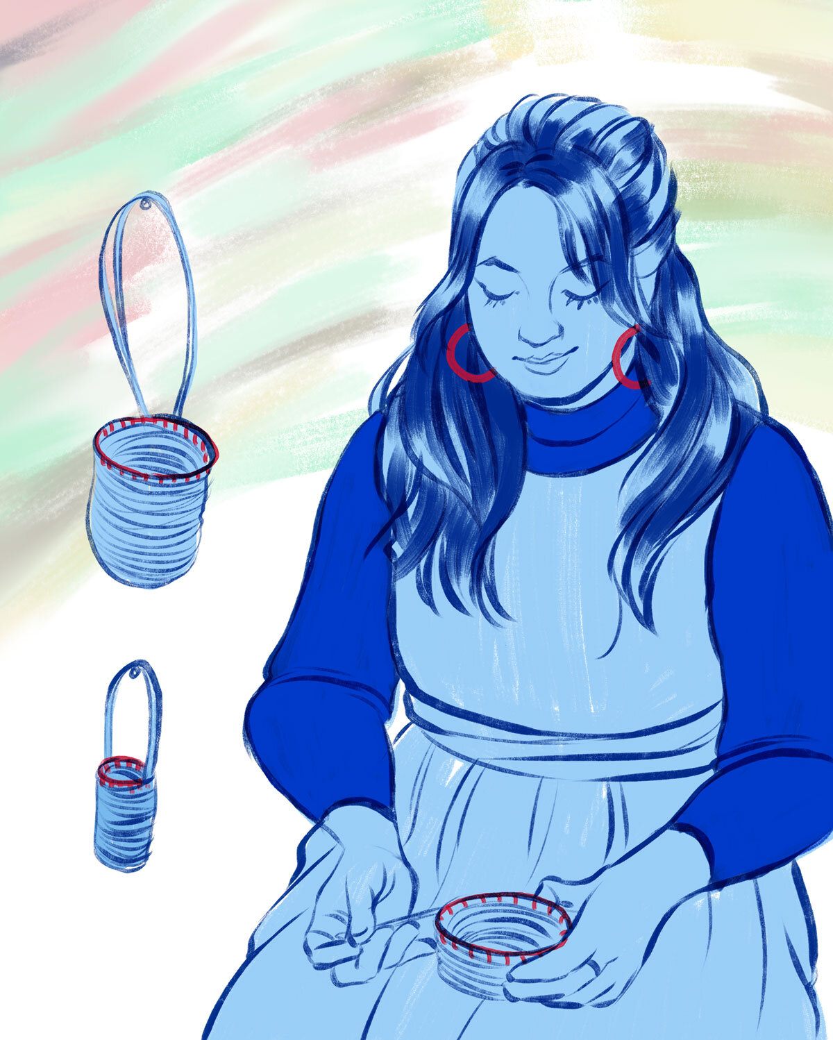 Jenna Lee weaving a basket, illustrated by Viet-My Bui in different blue tones.