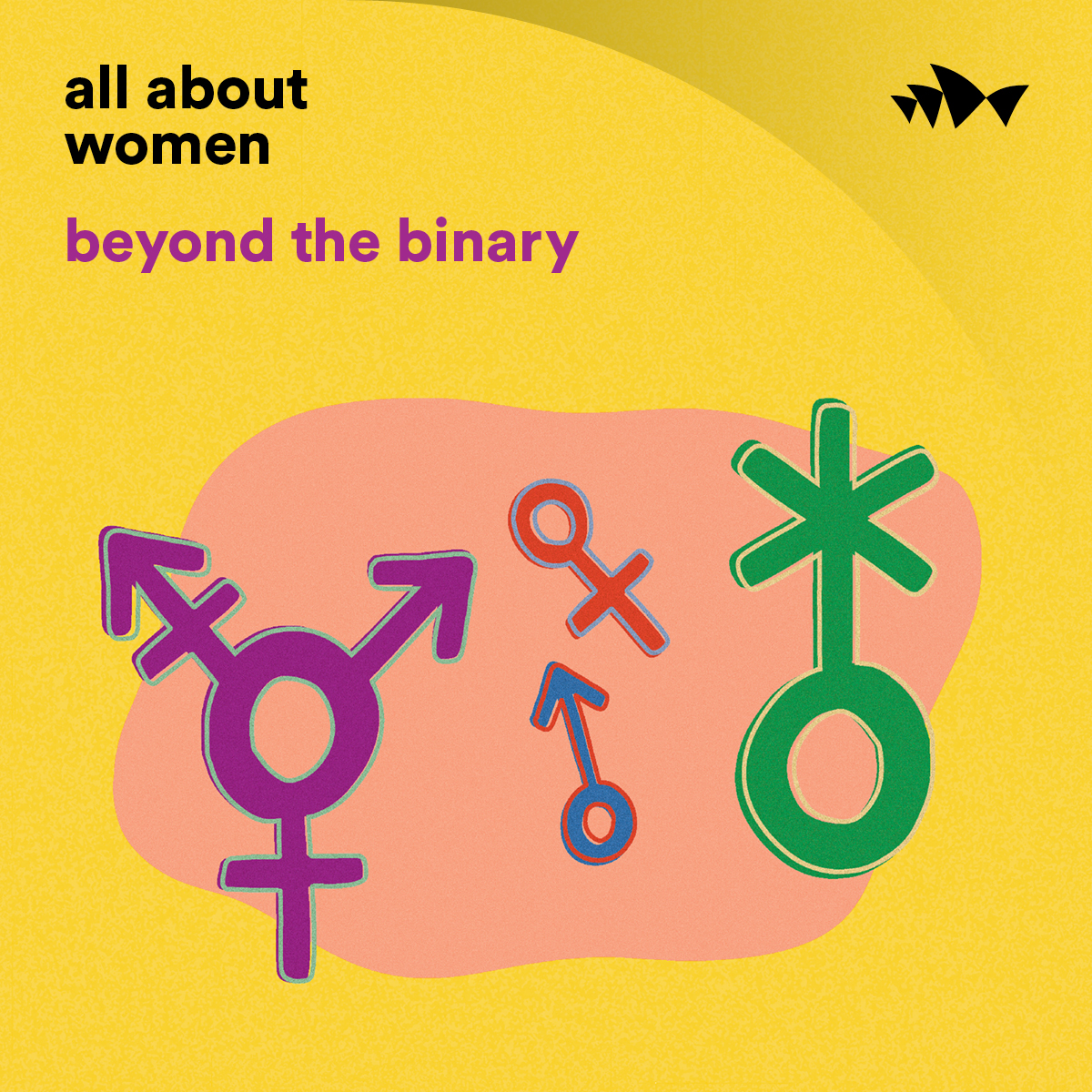 Promo graphic that says All About Women - Beyond the BInary with various gender symbols on a yellow blobby background. 