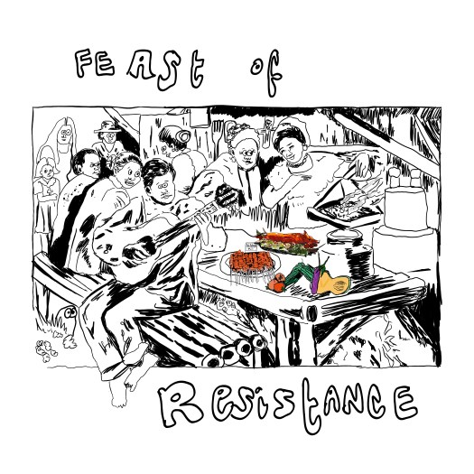 Line drawing of people around a table, cooking and eating. The food is in colour.