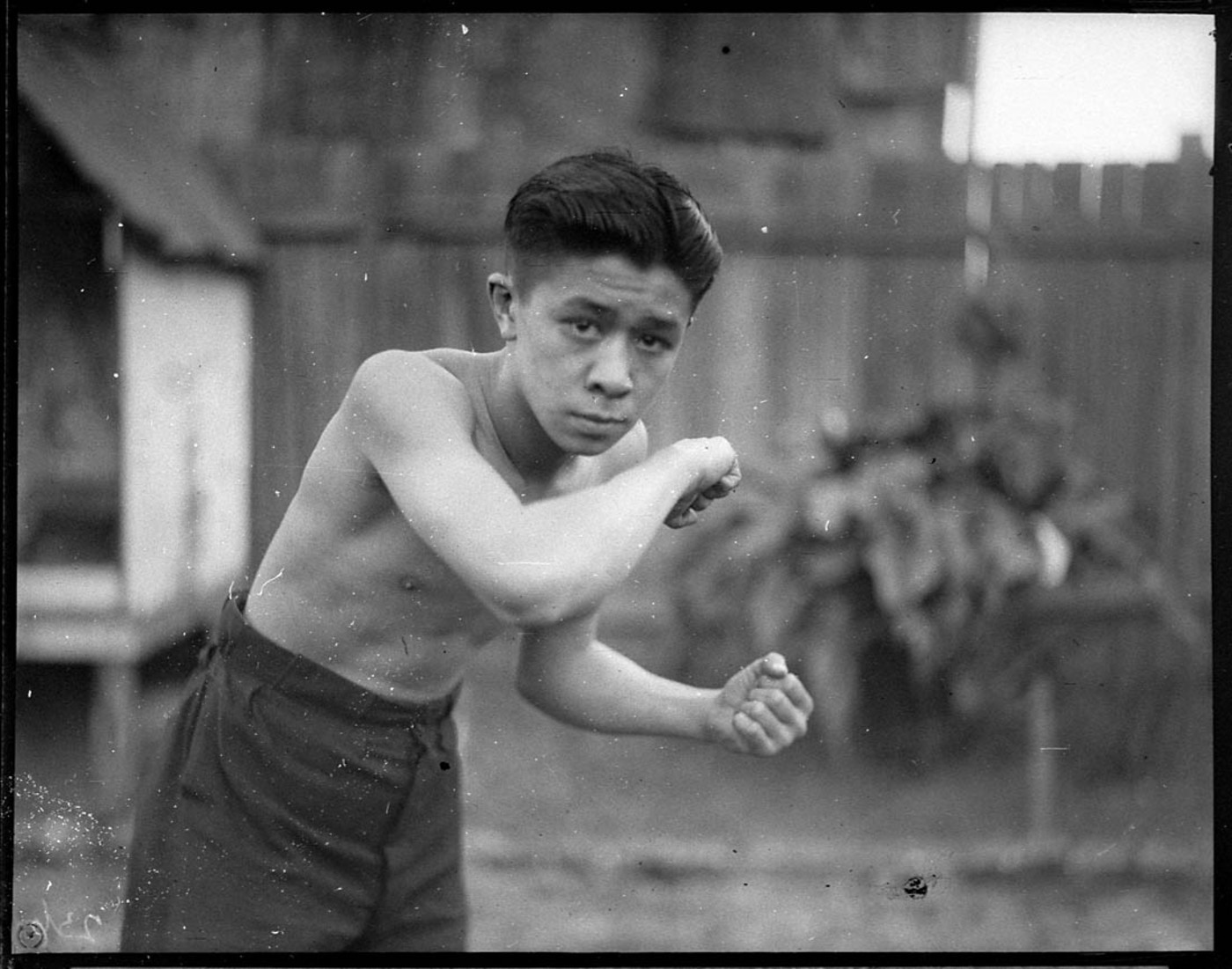 A young shirtless Chinese boxer, looking straight into the camera.