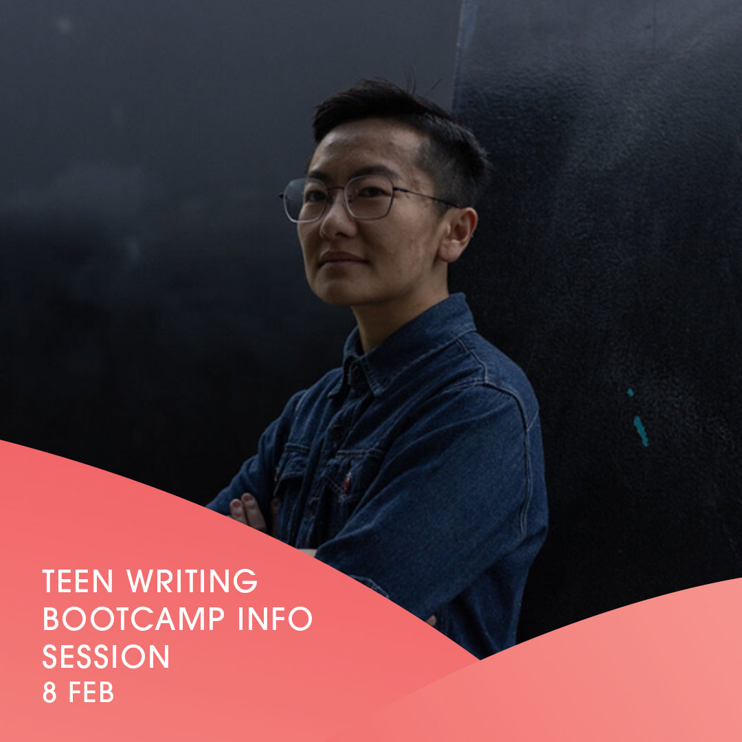 Writer Jinghua Qian stands against a black sculpture wearing an indigo denim shirt. Text overlay says "Teen writing bootcamp info ession 8 Feb".