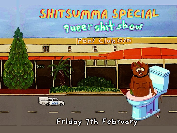 Banner showing a painting of a toothy creature in a toilet in front of Pony Club Gym with event details.