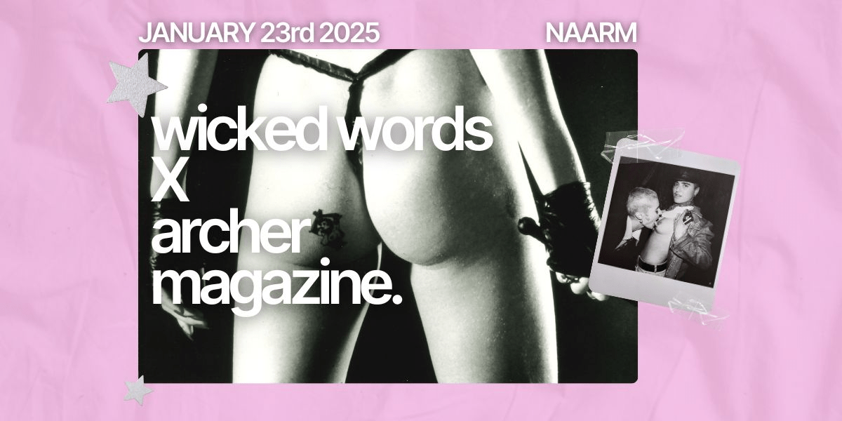 Banner showing event details, a b&w photo of someone's butt in a lacy g-string, an inset polaroid of someone tonguing someone else's nipple, on a pink background.