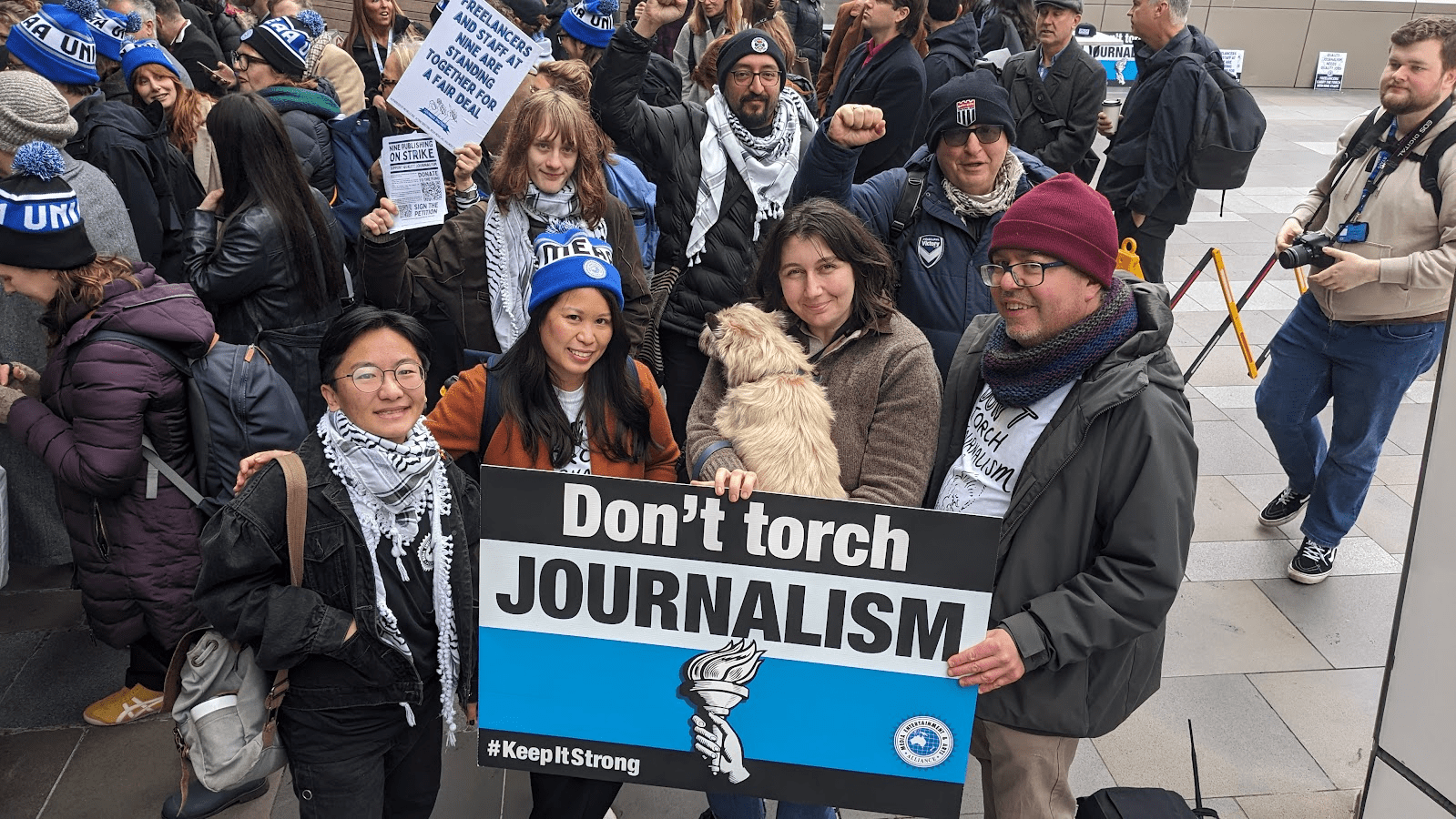 A group of staff and freelancers on strike at The Age, July 2024.
